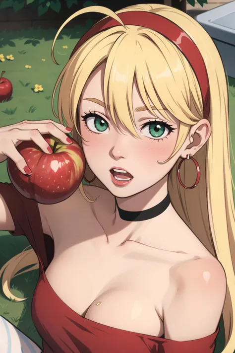 detailed_background,outdoors,shirt,portrait,earrings,hairband,solo,blush,1girl,blonde_hair,nail_polish,fruit,teeth,looking_at_viewer,holding_fruit,green_eyes,holding,ahoge,red_shirt,strapless_shirt,food,long_hair,hair_behind_ear,jewelry,from_above,on_side,hair_between_eyes,lying,upper_teeth_only,:o,holding_food,hoop_earrings,red_apple,collarbone,red_hairband,bare_shoulders,green_nails,ma_yoyo,strapless,apple,open_mouth