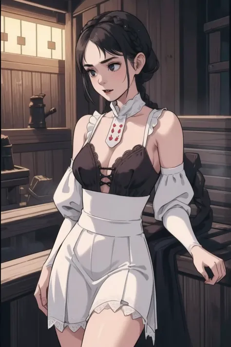 girl, (hotify:1.2), (vampire:1.4), (Medieval,Sauna:1.4),Skinny,Very Big Breasts,(Thinking),Very Short Hair,Braided Buns,(white Bustiere,puce Lace skirt:1.3),Nier,Costume ,(masterpiece,detailed,highres:1.4)
