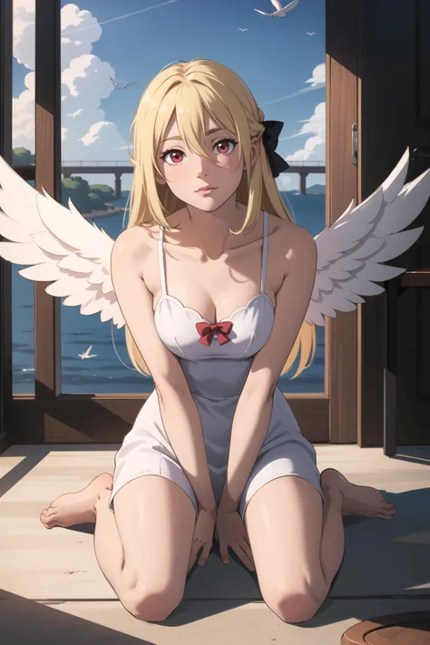 detailed_background,indoors,cleavage,wariza,long_hair,flying_fish,grey_bow,hair_bow,bow,breasts,full_body,blonde_hair,sitting,fish,solo,between_legs,medium_breasts,hand_between_legs,1girl,feathered_wings,day,closed_mouth,outdoors,angel_wings,animal,red_eyes,blue_sky,hair_between_eyes,sky,white_dress,rainbow,cloud,bare_shoulders,white_wings,barefoot,loading_(verjuice),very_long_hair,two_side_up,looking_at_viewer,dress,wings