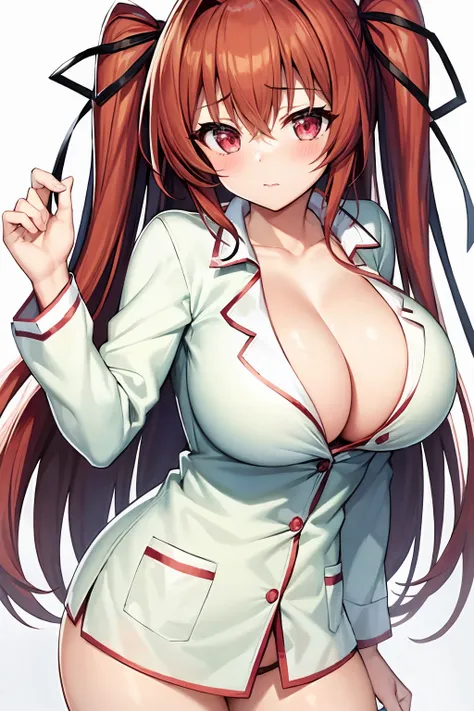 best quality, Mio_Naruse, pajamas, 1girl, solo, long_hair, breasts, blush, large_breasts, ribbon, cleavage, hair_ribbon, red_hair, two_side_up, standing<lora:epiNoiseoffset_v2Pynoise:1>