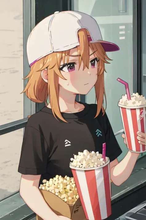 best quality, masterpiece, highres, solo, {yuki_haru_theidolmastercinderellagirlsu149:1.15}, orange_hair, purple_eyes, long_hair, bangs, upper_body, blonde_hair, hair_between_eyes, 1girl, backwards_hat, baseball_cap, black_shirt, cup, drinking_straw, food, hat, holding, indoors, popcorn, shirt, sweatdrop, tray, white_headwear, disposable_cup, holding_tray, short_sleeves