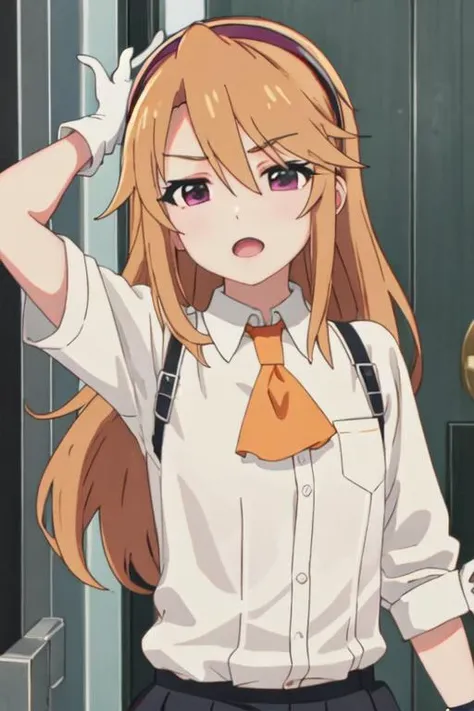 best quality, masterpiece, highres, solo, {yuki_haru_theidolmastercinderellagirlsu149:1.15}, orange_hair, purple_eyes, long_hair, bangs, upper_body, blonde_hair, hair_between_eyes, 1girl, ascot, black_gloves, gloves, open_mouth, shirt, white_shirt, black_hairband, hairband, skirt, suspenders, closed_eyes, collared_shirt