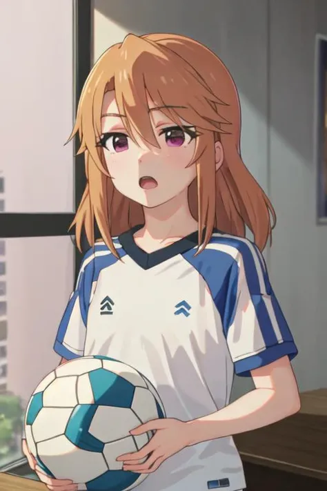 best quality, masterpiece, highres, solo, {yuki_haru_theidolmastercinderellagirlsu149:1.15}, orange_hair, purple_eyes, long_hair, bangs, upper_body, blonde_hair, hair_between_eyes, shirt, short_sleeves, smile, 2girls, blue_shirt, indoors, multiple_girls, closed_mouth, solo_focus, black_hair, clenched_hand, couch