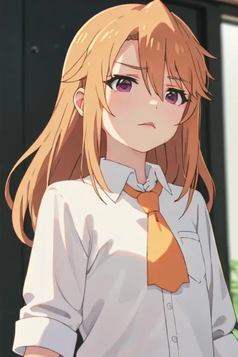 best quality, masterpiece, highres, solo, {yuki_haru_theidolmastercinderellagirlsu149:1.15}, orange_hair, purple_eyes, long_hair, bangs, upper_body, blonde_hair, hair_between_eyes, collared_shirt, looking_at_viewer, shirt, white_shirt, 1girl, blurry, blurry_background, closed_mouth, open_mouth, solo_focus