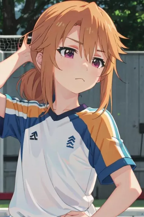 best quality, masterpiece, highres, solo, {yuki_haru_theidolmastercinderellagirlsu149:1.15}, orange_hair, purple_eyes, long_hair, bangs, upper_body, blonde_hair, hair_between_eyes, 1girl, open_mouth, outdoors, soccer_uniform, sportswear, tree, shirt, sweatdrop, sweat, short_sleeves