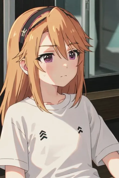 best quality, masterpiece, highres, solo, {yuki_haru_theidolmastercinderellagirlsu149:1.15}, orange_hair, purple_eyes, long_hair, bangs, upper_body, blonde_hair, hair_between_eyes, 2girls, multiple_girls, shirt, white_shirt, closed_mouth, hairband, short_sleeves, indoors, head_rest, looking_at_another