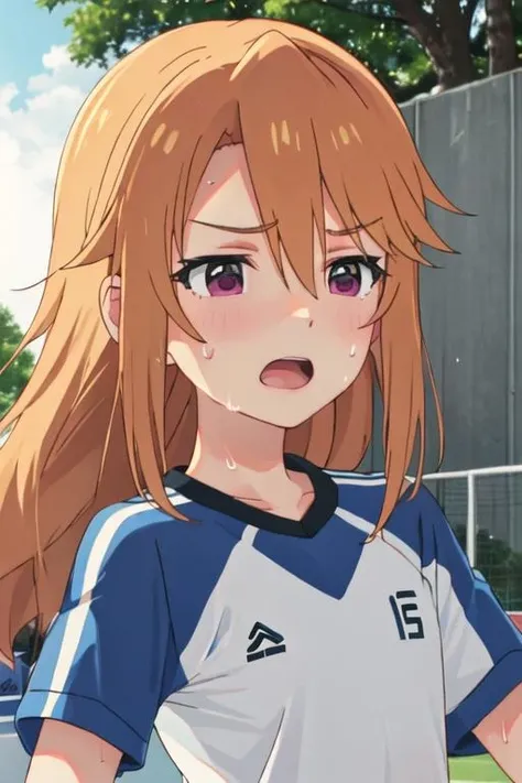 best quality, masterpiece, highres, solo, {yuki_haru_theidolmastercinderellagirlsu149:1.15}, orange_hair, purple_eyes, long_hair, bangs, upper_body, blonde_hair, hair_between_eyes, 1girl, open_mouth, outdoors, soccer_uniform, sportswear, tree, shirt, sweatdrop, sweat, short_sleeves