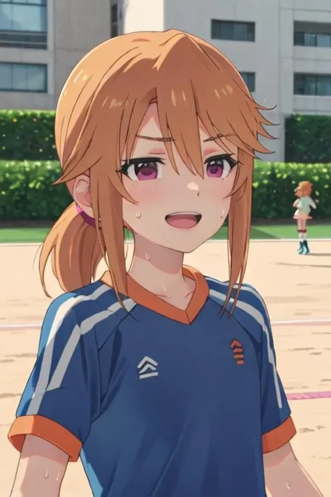 best quality, masterpiece, highres, solo, {yuki_haru_theidolmastercinderellagirlsu149:1.15}, orange_hair, purple_eyes, long_hair, bangs, upper_body, blonde_hair, hair_between_eyes, 1girl, ponytail, sidelocks, indoors, open_mouth, soccer_uniform, sportswear, sweatdrop, looking_at_viewer, smile, blurry, shirt, sweat