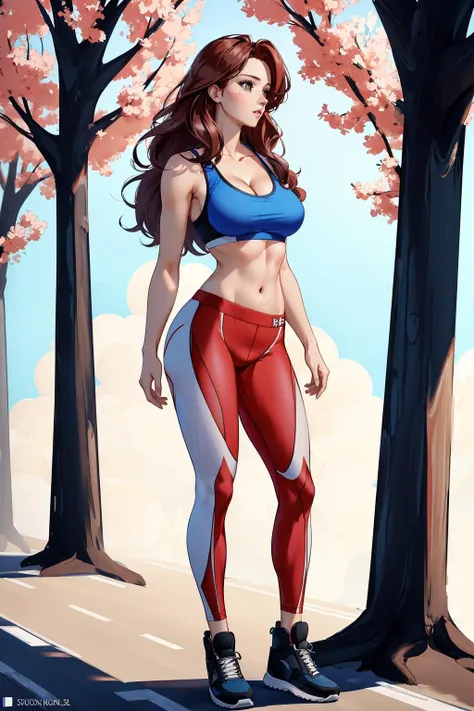 woman, t1t4nl3g, <lora:t1t4nl3g-v1a:1>, solo, 1girl, cleavage, sports bra, detailed face, colorful clothing, park, sky, trees, cleavage, 1girl, supermodel, woman, breasts, auburn long hair, masterpiece, best quality, shoes, full body, white background, studio, looking away