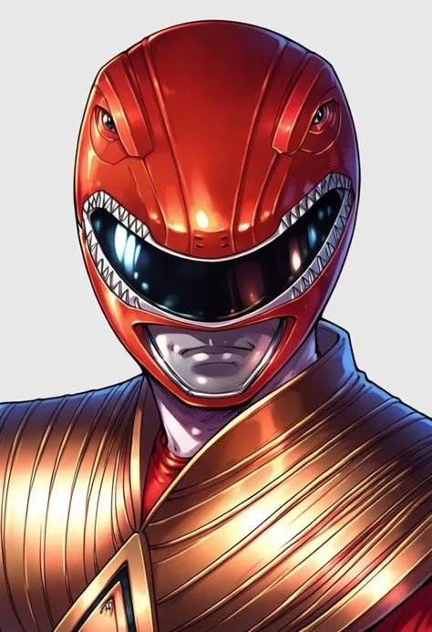 Ugly (score_9:0.9),score_8_up,score_7_up,anime style,rating_safe,<lora:Red Ranger ponyXL v3.1:0.85>,Red Ranger,1boy,solo,male focus,white background,helmet,upper body,simple background,shiny,dragon_shield,