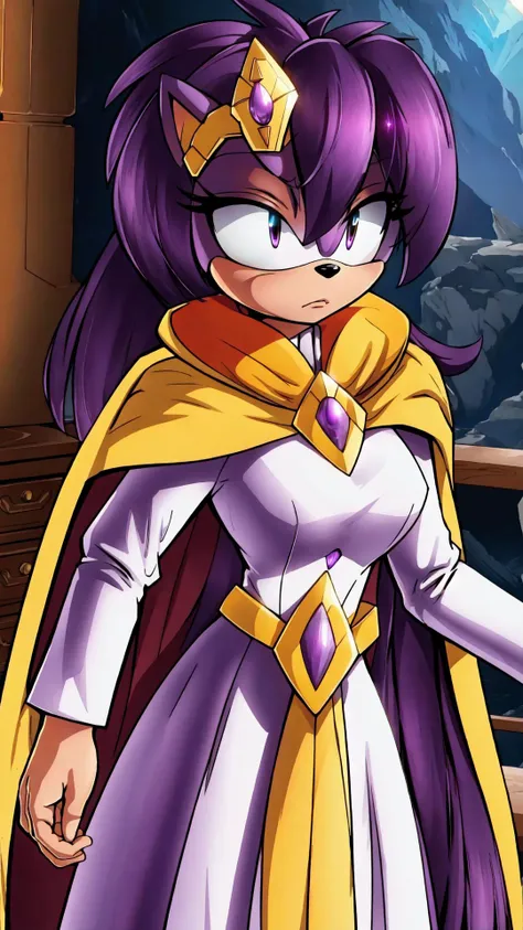 <lora:QueenAleena:0.7> QueenAleena, sonic \(series\), 1girl, long hair, furry, purple hair, furry female, animal ears, purple fur, purple skin, BREAK, dress, yellow cape, white dress, cape, tiara, armor, long sleeves, BREAK,, masterpiece, best quality, extremely detailed, highly quality, 4k, sharp focus, professional, sharp focus, award winning, cinematic lighting, octane render, unreal engine, volumetrics dtx, Wallpaper,