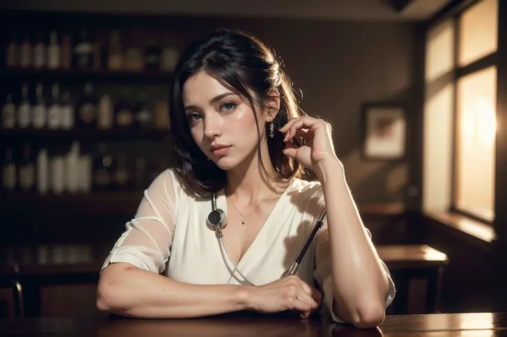 (dark shot:1.1), (noir:1), epic realistic, photo of a 32 years old beautiful nurse, inside a crowded bar, crowd on background, (looking at viewer:1.3), (soft smile:1.1), white nurse outfit, spooky atmosphere, horror, soft cinematic light, bottles of liquors in background, stethoscope on table, adobe lightroom, photolab, hdr, intricate, highly detailed, (depth of field:1.4), faded, (neutral colors:1.2), (hdr:1.4), (muted colors:1.2), hyperdetailed, (artstation:1.4), cinematic, warm lights, dramatic light, (intricate details:1.1), complex background, (teal and orange:0.4),