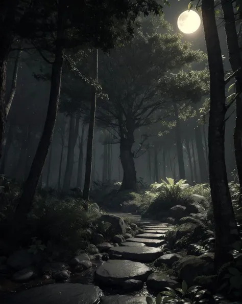 Mango tree in the moonlight in dark forest hyper detailed octane render