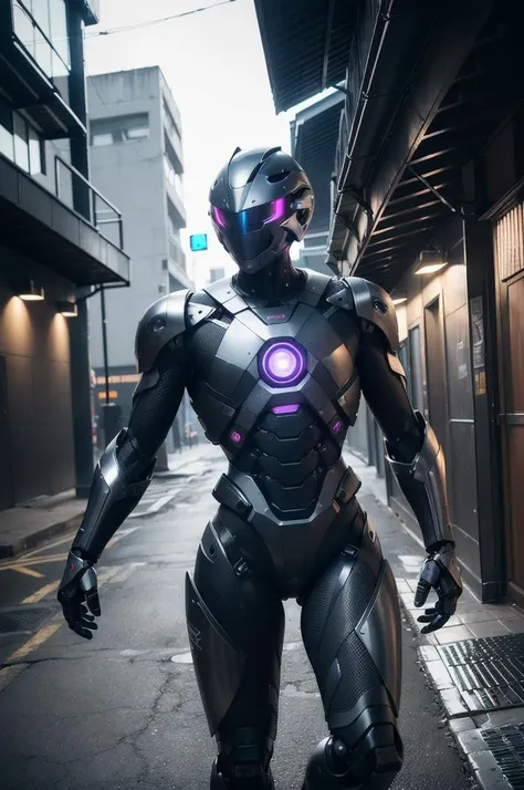 ((best quality)), ((masterpiece:1.2)), (8k, high quality, cinematic, hyper realistic, illustration), (autodesk maya, vray render, ray tracing, hdr), (DSLR, full frame, 16mm focal length, f/4 aperture, dynamic perspective, deep depth of field), (A black and white, humanoid robotic suit, clad in a reinforced ((male)) exoskeleton and adaptive techwear, stalking their prey through the dark, neon-lit alleyways of a cyberpunk city), (robotic frame), (muscular body) (subdivision, cyber muscle, angular design, mechanical, carbon-fiber, high-tech, pistons, robotic frame, metal joints, rubber cables), (scifi, hard surface, armor, metal bolts, robotic, industrial, structures, sub-d), (urbansamurai, techwear),(CGI, 3D, realistic), (bloom, rim lighting, studio lighting, soft lighting, low key), (cyberhelmet:0.25, glowing robotic eyes, full of battlegear)