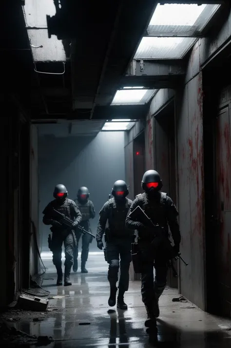 front view of a (small group:1.2) of futuristic soldiers with guns exploring a derelict space station, blood on the walls, flashlight, destroyed, dark, sci-fi, ultra detailed, high contrast, cinematic, atmospheric, tense, claustrophobic, shadows, eerie