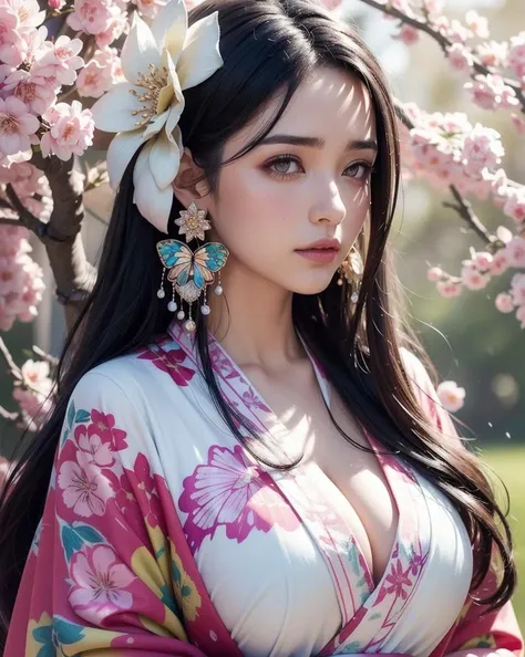 shukezouma, octane render, hdr, (hyperdetailed:1.15), (soft light, sharp:1.2), 1girl, beautiful girl, ultra detailed eyes, mature, plump, thick, rainbow painting drops, paint teardrops, woman made up from paint, entirely paint, splat, splash, long colored hair, kimono made from paint, ultra detailed texture kimono, rainbow paint kimono, paint bulb, paint drops, (hair ornaments, earrings, flowers hair ornaments, butterflies hair ornaments), outdoors, sakura trees