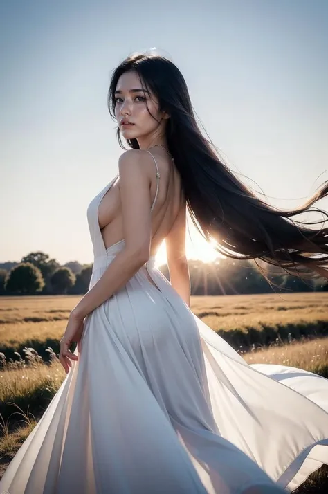 Beneath the open sky, a lone figure stands amidst a sunlit field. Her long black hair dances in the gentle breeze, a stark contrast to the purity of her white dress. The natural light bathes her in a soft, cinematic glow, emphasizing the intricate details of her skin. This scene is a masterpiece of serene beauty and meticulous artistry.