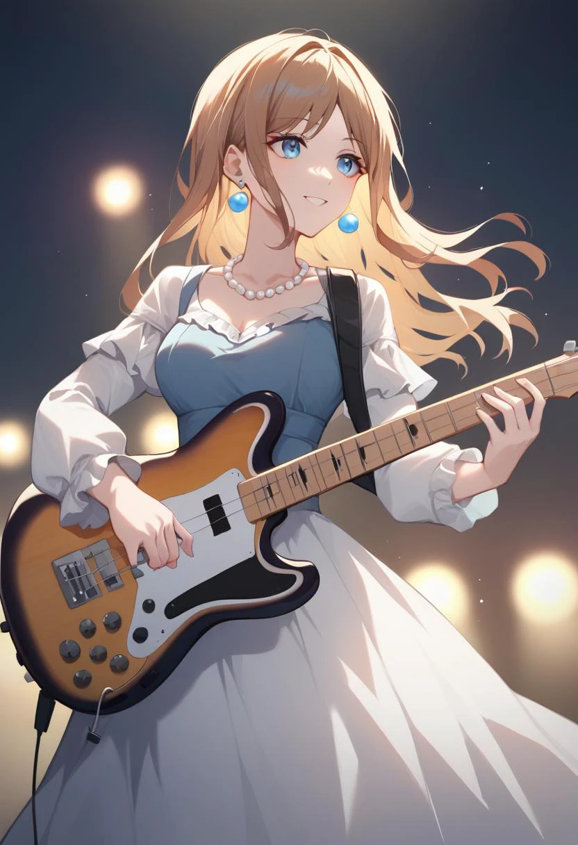 score_9,score_8_up,score_7_up,<lora: nagasaki_soyo_pony:1>,1girl,solo,holding guitar,holding instrument,white dress,multicolored dress,blue dress,earrings,pearl necklace,playing instrument,bass guitar,stage lights,nagasaki soyo,