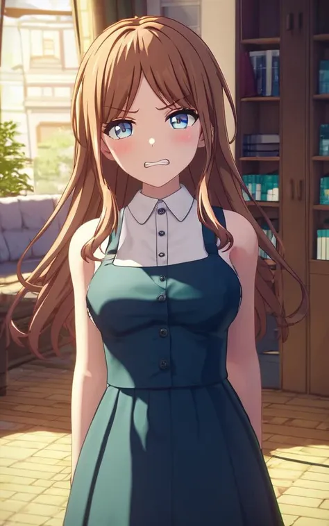 <lora:äººç©-BangDreamMygo!!!!!-é¿å´ç´ ä¸:1:lbw=CHARALL> nagasaki soyo, sidelocks,brown hair, long hair, 3d, angry blue eyes,  clenched teeth, blush, shy,  sleeveless dress, looking at viewer, pov,, (masterpiece),(best quality),extreamly delicate and beautiful,illustration,absurdres, high quality,  anime style illustration,score_9, score_8_up, source_anime,score_9_up,, 1girl, solo,solo_focus,