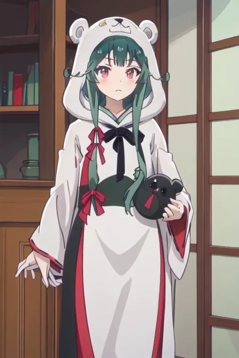best quality, masterpiece, highres, solo, {white kimono:1.35}, {red hakama:1.35}, {wide sleeves:1.20}, {yuna_kumakumakumabear:1.15}, green_hair, bangs, long_hair, red_eyes, cosplay, kigurumi, blush, ribbon, closed_mouth, bear_ears, hair_ribbon
