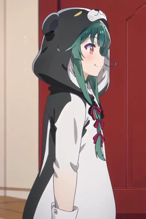 best quality, masterpiece, highres, solo, {yuna_kumakumakumabear:1.15}, green_hair, bangs, long_hair, red_eyes, cosplay, kigurumi, blush, ribbon, closed_mouth, bear_ears, hair_ribbon, 1girl, close-up, anime_coloring, from_side, portrait, profile, parody, smile