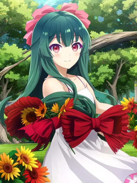 (((snapshot-realistic-perfect, the-person-in-question))) <lora:yuna_kumakumakumabear:1> yuna_kumakumakumabear, green_hair, bangs, long_hair, red_eyes, blush, ribbon, hair_ribbon, white-summer-dress, outdoors, 1girl