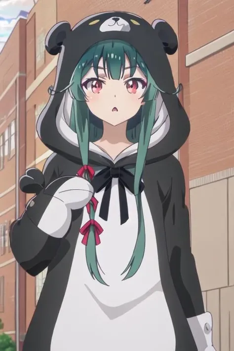 best quality, masterpiece, highres, solo, {yuna_kumakumakumabear:1.15}, green_hair, bangs, long_hair, red_eyes, cosplay, kigurumi, blush, ribbon, closed_mouth, bear_ears, hair_ribbon, 1girl, :o, looking_at_viewer, open_mouth, outdoors, parody, anime_coloring, hood, tree, close-up, hood_up