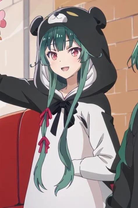 best quality, masterpiece, highres, solo, {yuna_kumakumakumabear:1.15}, green_hair, bangs, long_hair, red_eyes, cosplay, kigurumi, blush, ribbon, closed_mouth, bear_ears, hair_ribbon, 1girl, :d, animal_costume, animal_hood, hair_between_eyes, hood, looking_at_viewer, open_mouth, parody, smile, hood_up, anime_coloring, bear_costume, blurry