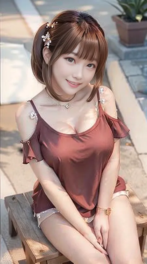 best quality, photorealistic, masterpiece, 8k, high res, solo, 1girl, (((woman))), (medium breast), ((looking at the viewer)), (looking at the camera), (short hair), ponytail, (professional lighting, bokeh),eye level view, extremely detailed face,  fashionable and trendy atmosphere, japan, roof top, ((daytime)), (blouse without shoulder :1.5), white short jeans,  (portrait:0.6), seductive smile,  gorgeous, floating hair, (light particles, lens flare, glowing particles:0.6), (dynamic pose:1.2), soft lighting, brown hair, half body, sitting,  closeup, mole under eye,  heart shape face, mature face, narrow face, smile, <lora:Yanglynn:0.9>