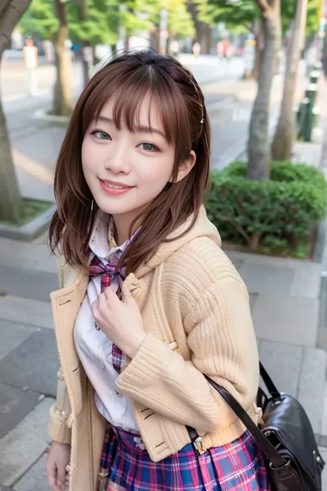 1girl, coat, hood, jacket, ((duffle coat)), lips, lipstick, plaid, plaid_skirt, realistic, skirt, solo, standing, best quality, photorealistic, masterpiece, 8k, high res, solo, (((woman))), (medium breast), ((looking at the viewer)), (looking at the camera), (short hair), (professional lighting, bokeh),top angle view, extremely detailed face, fashionable and trendy atmosphere, japan, street, park, river, sakura, ((daytime)), (portrait:0.6), seductive smile, gorgeous, floating hair, (light particles, lens flare, glowing particles:0.6), (dynamic pose:1.2), soft lighting, brown hair, full body, narrow face, smile, obvious mole under eyes, <lora:Yanglynn:0.9>