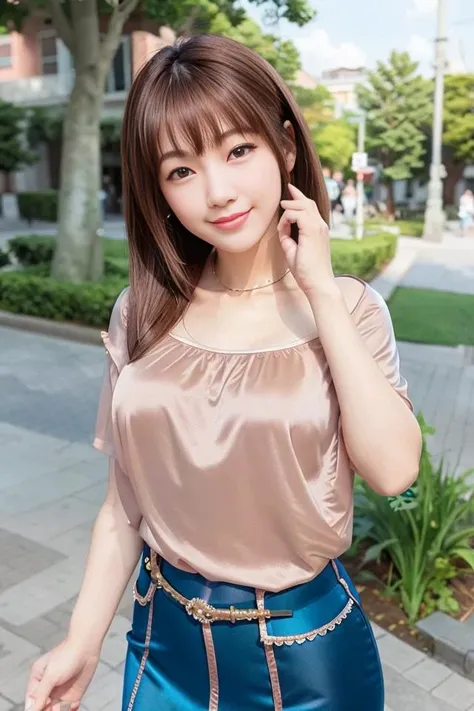 best quality, photorealistic, masterpiece, 8k, high res, solo, 1girl, (((woman))), (medium breast), ((looking at the viewer)), (looking at the camera), boy friend view, (short hair), ponytail, (professional lighting, bokeh), extremely detailed face, fashionable and trendy atmosphere, taiwan, park, ((daytime)), (blouse :1.5), dress, (portrait:0.6), seductive smile, gorgeous, floating hair, (light particles, lens flare, glowing particles:0.6), (dynamic pose:1.1), soft lighting, brown hair, (model figure:1), standing, (obvious mole under eye:1.2), (smile folds:0.8), (mature face:1), teeth, narrow face, <lora:Yanglynn:0.9>