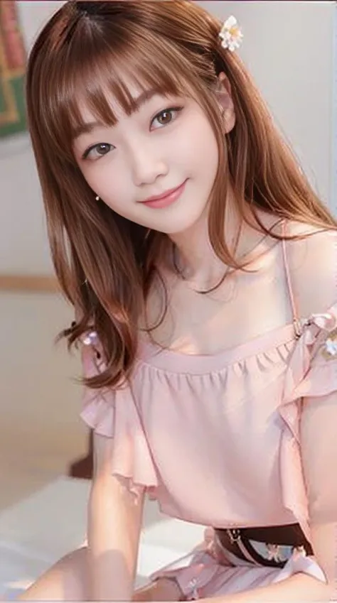 best quality, photorealistic, masterpiece, 8k, high res, solo, 1girl, (((woman))), (medium breast), ((looking at the viewer)), (looking at the camera), (medium hair), ponytail, (professional lighting, bokeh),eye level view, extremely detailed face, fashionable and trendy atmosphere, japan, roof top, ((daytime)), (blouse without shoulder :1.5), white short jeans, (portrait:0.6), seductive smile, gorgeous, floating hair, (light particles, lens flare, glowing particles:0.6), (dynamic pose:1.2), soft lighting, brown hair, half body, sitting, closeup, mole under eye, heart shape face, mature face, narrow face, smile, <lora:Yanglynn:0.9>
