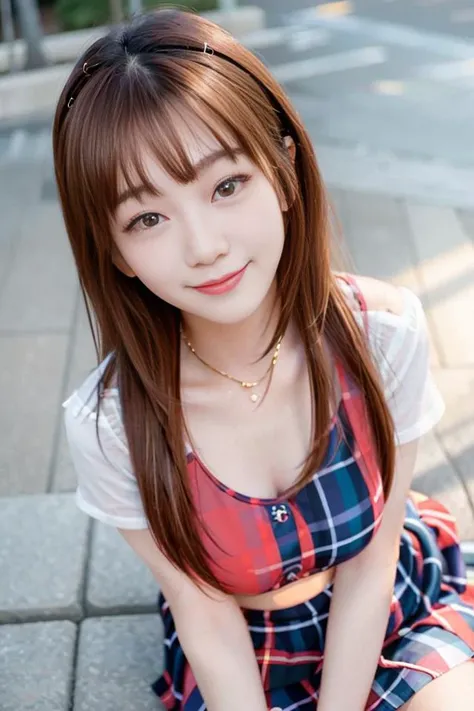 taiwanese, qunqun, 1girl, camisole, lips, lipstick, plaid, plaid_skirt, realistic, skirt, solo, sitting on bed, best quality, photorealistic, masterpiece, 8k, high res, solo, (((woman))), (medium breast), ((looking at the viewer)), (looking at the camera), (medium hair), (professional lighting, bokeh),top angle view, extremely detailed face, fashionable and trendy atmosphere, japan, street, tokyo, ((daytime)), (portrait:0.6), seductive smile, gorgeous, floating hair, (light particles, lens flare, glowing particles:0.6), (dynamic pose:1.2), soft lighting, brown hair, full body, (square face:1), narrow face, mature face, smile, teeth, camera, obvious mole_under_eye, <lora:Yanglynn:0.9>