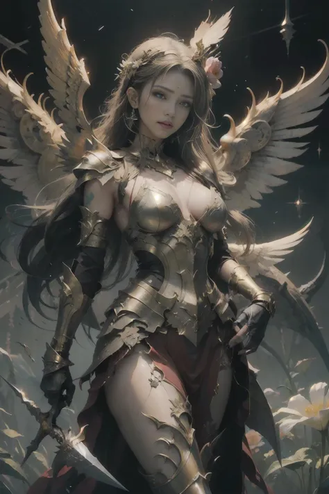 colorful, 1girl, armlet, breasts, floating hair, flower, lips, long hair, looking at viewer, medium breasts, golden armor, dagger, wings, <lora:Yanglynn:0.5>
