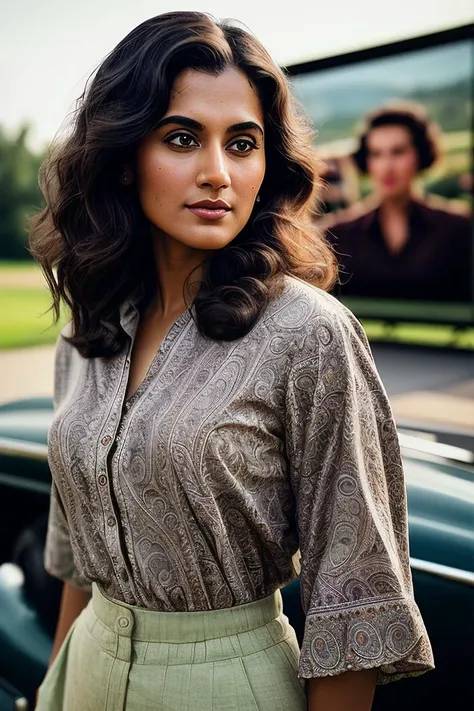 beautiful woman (Taps33P4nnu:.99), beautiful hair , ((portrait)), (closeup:1.2), ((from the waist up)), ((( Retro 1950s-style drive-in theater with classic cars and a large outdoor movie screen :1.2 ))), natural skin texture, (( Paisley blouse and culottes :1.2)), 24mm, 4k textures, soft cinematic light, adobe lightroom, photolab, hdr, intricate, elegant, highly detailed, sharp focus, ((((cinematic look)))), soothing tones, insane details, intricate details, hyperdetailed, low contrast, soft cinematic light, exposure blend, hdr, faded, now, ("I've got a bad feeling about this.":1.1)