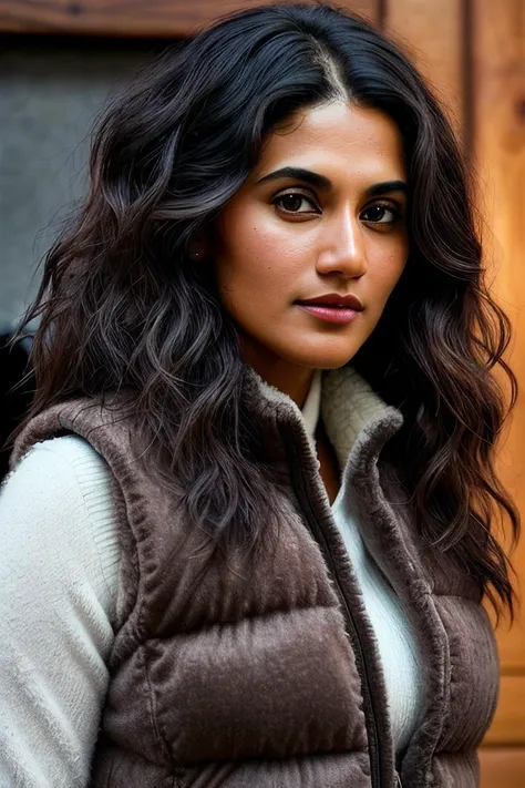 beautiful woman (Taps33P4nnu:.99), beautiful hair , ((portrait)), (closeup:1.2), ((from the waist up)), ((( Cozy cabin with a roaring fireplace :1.2 ))), natural skin texture, (( Fleece vest and skinny jeans :1.2)), 24mm, 4k textures, soft cinematic light, adobe lightroom, photolab, hdr, intricate, elegant, highly detailed, sharp focus, ((((cinematic look)))), soothing tones, insane details, intricate details, hyperdetailed, low contrast, soft cinematic light, exposure blend, hdr, faded, now, ("I've got a bad feeling about this.":1.1)
