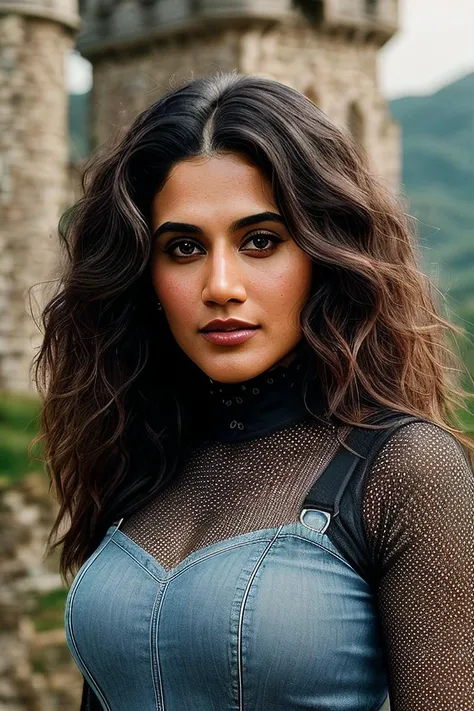 beautiful woman (Taps33P4nnu:.99), beautiful hair , ((portrait)), (closeup:1.2), ((from the waist up)), ((( Dreamy fairytale castle tower with panoramic views of the surrounding landscape :1.2 ))), natural skin texture, (( Mesh bodysuit and high-waisted jeans :1.2)), 24mm, 4k textures, soft cinematic light, adobe lightroom, photolab, hdr, intricate, elegant, highly detailed, sharp focus, ((((cinematic look)))), soothing tones, insane details, intricate details, hyperdetailed, low contrast, soft cinematic light, exposure blend, hdr, faded, now, ("I've got a bad feeling about this.":1.1)
