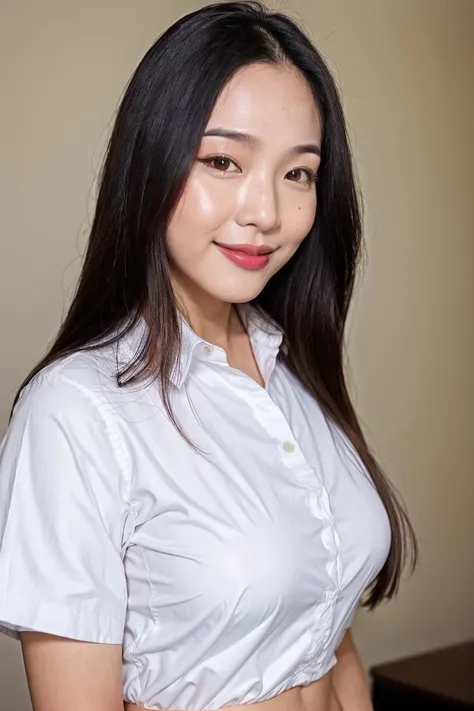 realistic 25 years old beautifull asian woman, high detailed skin, ((close up shot:1.4)), ((thick body:1)), ((narrow waists:1.2)), ((small breasts:1.2)), looking at viewer, (HQ skin:1.4), (((white shirt))), shorts, ((indoor, at bedroom)), <lora:gracep_V1:0.7>