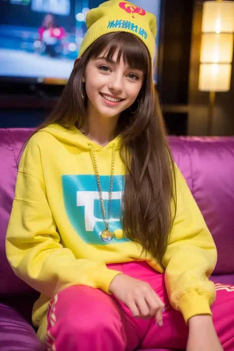 (Splendid Night photography of a beautiful european teenage girl model wearing superb colorful Hip Hop outfit lying on a sofa in a random place, sweet smile), (Very high quality, Highly detailed, Sharp focus, 8K Resolution)