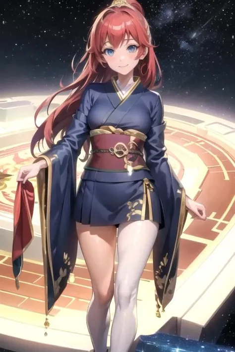 masterpiece, best quality, ultra-detailed, LMPL, 1girl, solo, looking at viewer, smile, blue kimono, head to thigh, space, <lora:LMPL-000012:0.8>