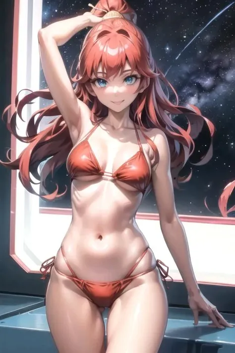 masterpiece, best quality, ultra-detailed, LMPL, 1girl, solo, looking at viewer, smile, bikini, head to thigh, space, <lora:LMPL-000012:0.8>