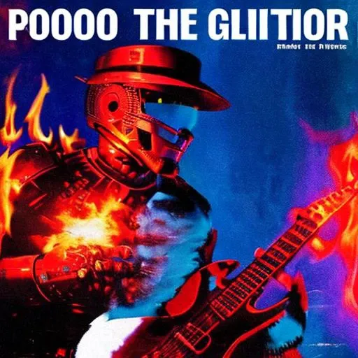 album cover, robocop playing the guitar, 90s style, in flames