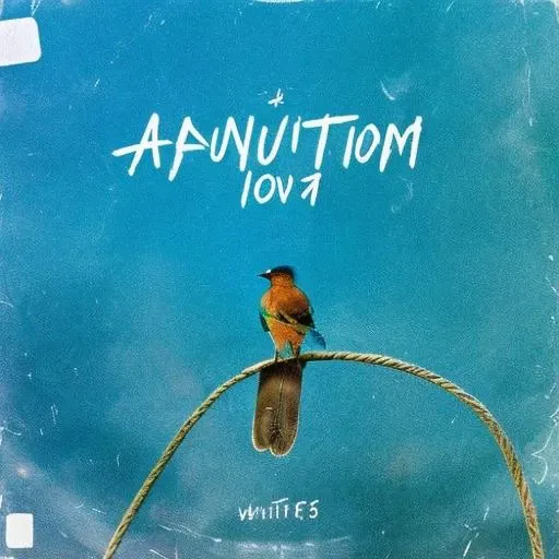 A lonely album cover art with a desaturated image of a bird sitting alone on a wire and handwritten typography, in the style of indie music.