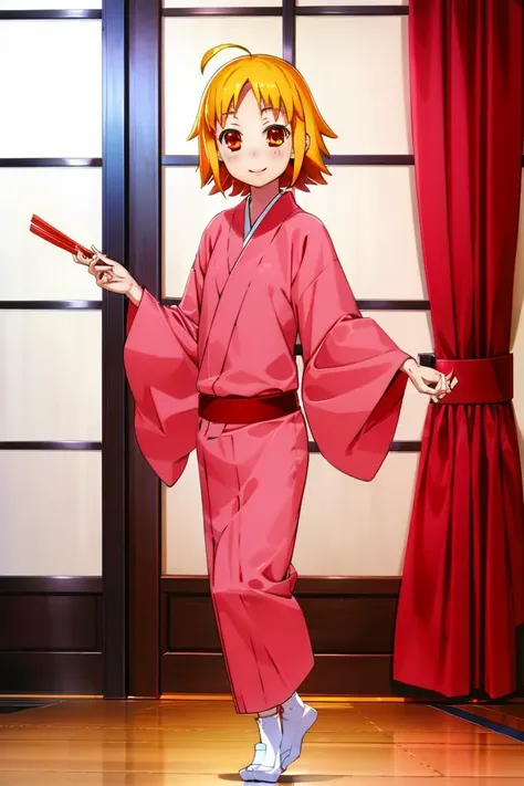 (masterpiece, best quality, detailed), 1girl, solo, <lora:KiguSP:1>, haroukitei kigurumi, kimono, socks, indoors, smile, full body, folding fan, folded fan, holding