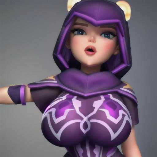 girl with huge boobs <lora:getaidarkmag:1>,happy,purple clothes,hood,