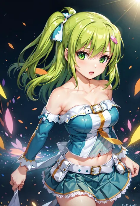 ((masterpiece, best quality)), 1girl, kitami erika, green eyes, green hair, long hair, one side up, side ponytail, hair ornament, 4th style, skirt, midriff, detached sleeves, belt <lyco:kitamiErikaBeatmania:0.65>