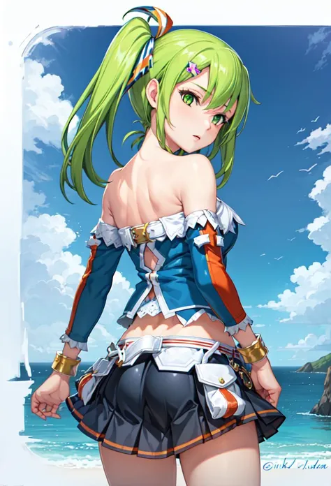 ((masterpiece, best quality)), 1girl, from behind
kitami erika, green eyes, green hair, long hair, one side up, side ponytail, hair ornament, 4th style, skirt, midriff, detached sleeves, belt <lyco:kitamiErikaBeatmania:0.65>