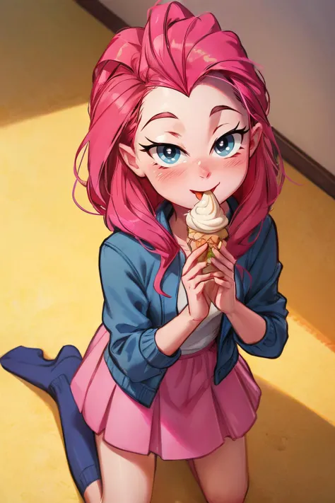 mlppinkie, blue eyes, pink hair, blue jacket, pink skirt, socks, looking happy, mouth open, tongue out, licking, blush, kneeling, from_above, eating ice cream, inside living room, soft lighting, high quality, masterpiece <lora:ice_cream:.8> <lora:mlp_pinkiepie:.8>