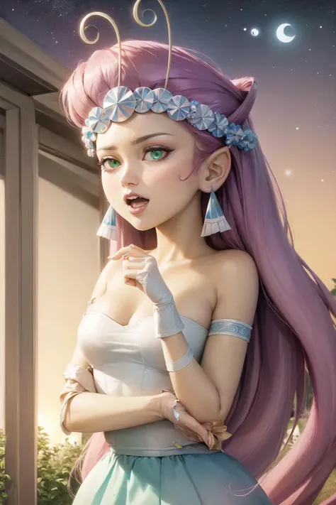 (masterpiece, best quality:1.2),  <lora:princess_mandie:1>, princess mandie, 1girl, solo, earrings, jewelry, green eyes, colored skin, pointy ears, purple hair, long hair, open mouth, breasts, medium breasts, cleavage, star \(symbol\), bare shoulders, parody, yellow skin, antennae, fangs, dress, very long hair, upper body, teeth, outdoors, stars, night sky, green skin,