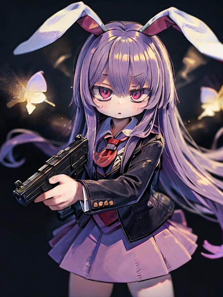 masterpiece, best quality, <lora:reisen:1>,1girl,reisen udongein inaba, purple hair,very long hair, rabbit ears, red eyes,black jacket,open jacket,necktie,white shirt,pink skirt,glock17,handguns,holding pistol,reloading,<lora:glock17:0.6> <lyco:BetterGuns-V1:0.6>